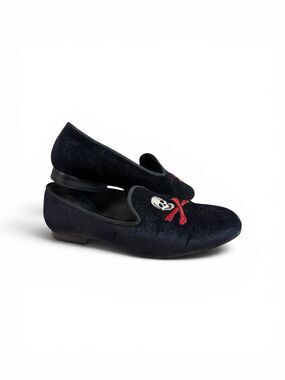 Ramon Tenza x Goler  Black Velvet Loafers Embroidered Skull & Crossbones Sz 6.5